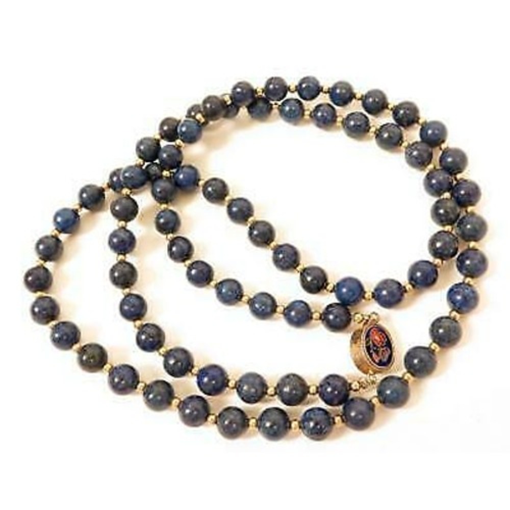 Vintage Lapis Lazuli Blue Gemstone 8mm Bead Necklace Cloisonne Enamel Clasp